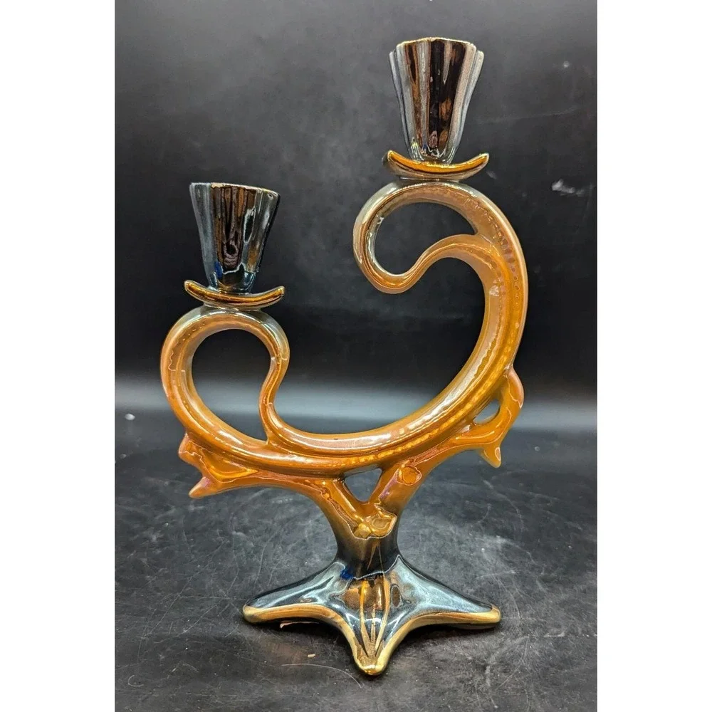 Vintage Orange Lusterware Ceramic Candelabra 9.75